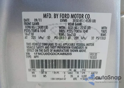 2012 Ford Escape Xlt from USA, damaged, VIN 1FMCU0DG3CKA89205